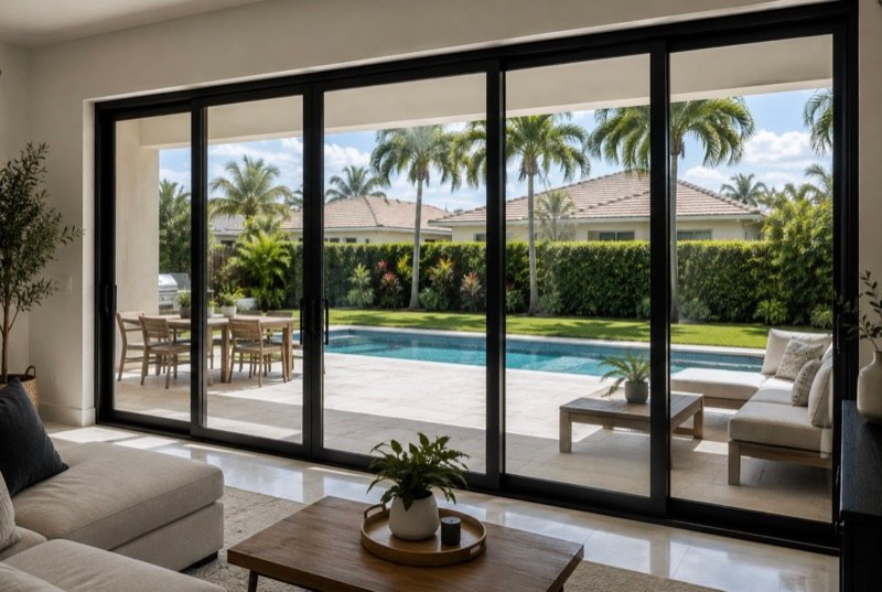 Sala con vista a la piscina a través de puertas corredizas de impacto con marco negro